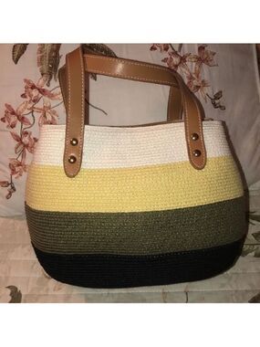 Amanda Smith Knit Straw Leather Combo Stripes Mini Bag